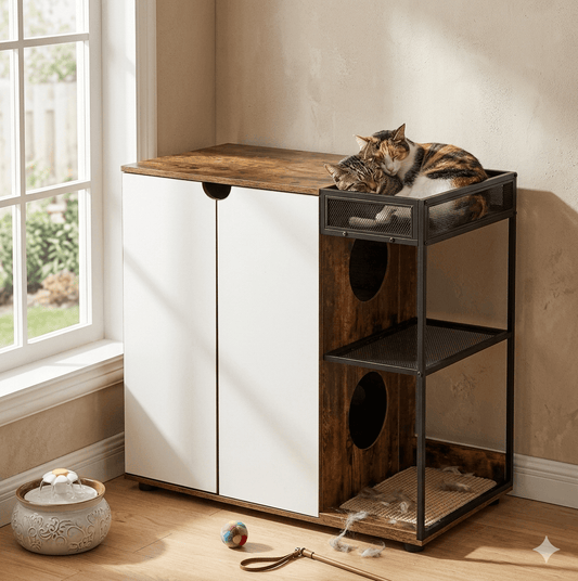 Dual Cat Litter Box Enclosure in Rustic Brown