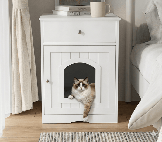 White Wood Cat Litter House with Drawers