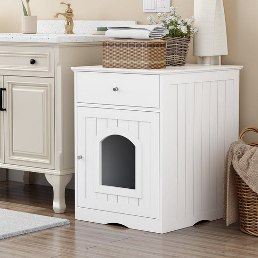 White Wood Cat Litter House with Drawers